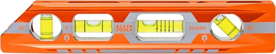 Klein Tools 935RBP 8-Inch Pitch Vial Torpedo Level with Magnetic Track, Vials Read 0/45/90 and Pitch in 1/8-Inch Increments, Level For Electricians, Construction, Plumbing, and Inspections