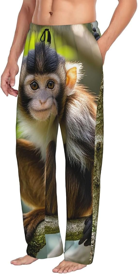 Mens Pajama Pants cute monkey Pajama Bottom Soft Warm Sleep Pant with Pockets Lounge Pants