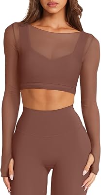 LASLULU Mesh Long Sleeve Crop Tops for Women Double Lined Workout Athletic Gym Shirts Cropped Tops with Built in Bra