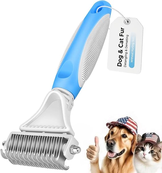 Pet Dematting Comb - 2 Sided Undercoat Rake for Cats & Dogs - Safe Grooming Tool for Easy Mats & Tangles Removing - Medium and Long Haired Cats Dogs Brush for Shedding