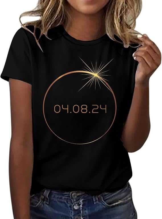 Women's Large Size Summer Loose Tee Shirt Short Sleeve Round Neck Sun Print Women's Clothing Chic Summer Tee Beach Large Size Top, Black, M