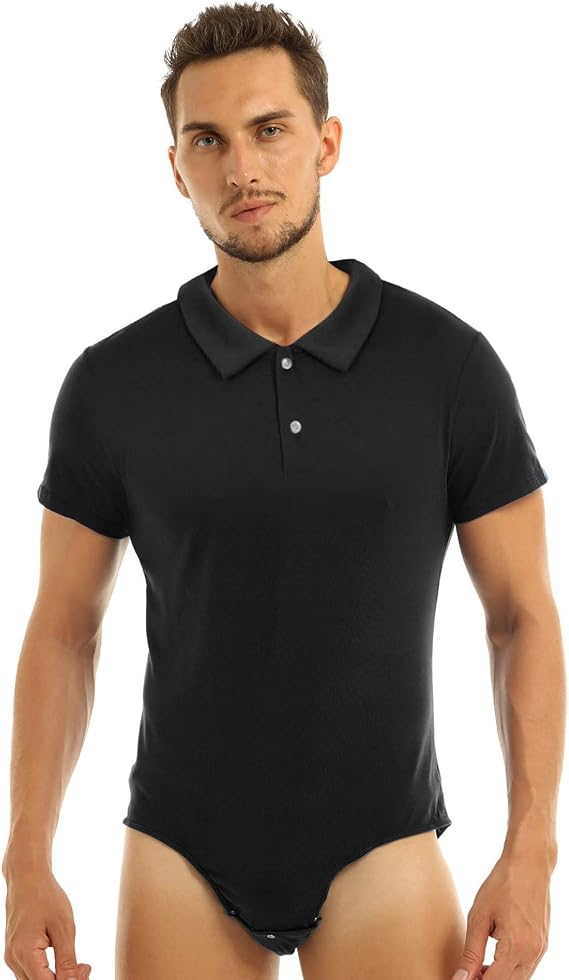 Men's Summer Bodysuit Turn-Down Collar Shirt Press Crotch Tops Sleep Nightwear Rompers