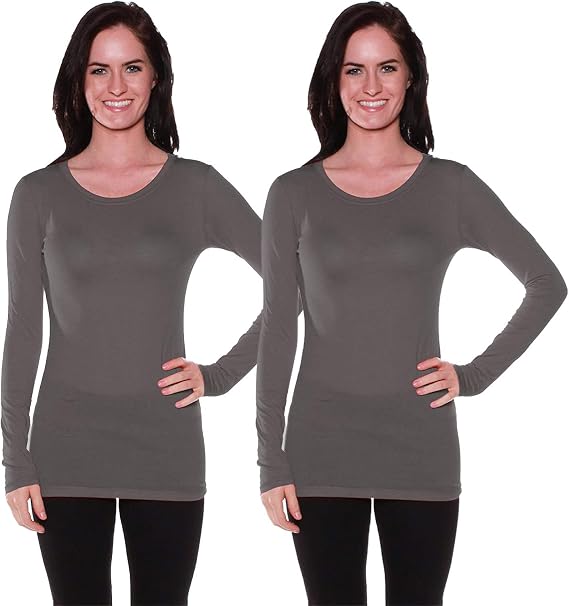 Active Basic Athletic Fitted Plain Long Sleeves Round Crew Neck T Shirt Top - Charcoal/Charcoal - Small