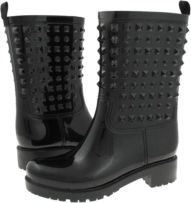 Capelli New York Ladies Rain Boot, Mid-Calf Studded Rain Boot, Rubber Rain Boots With Back Pull Loop, Black
