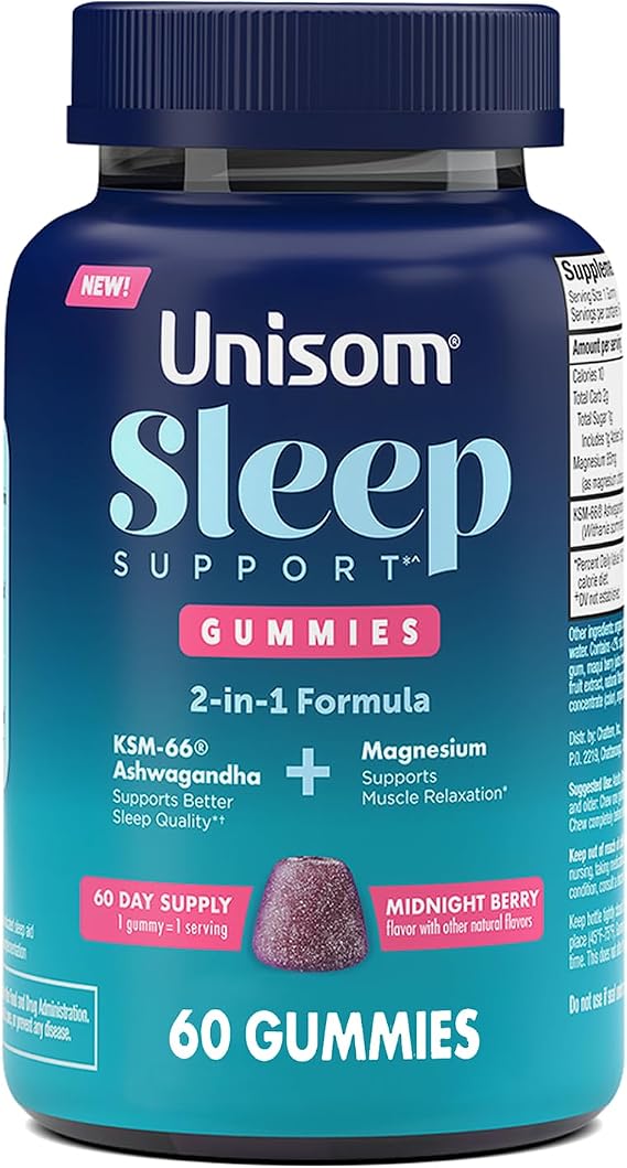 Unisom Sleep Support Gummies, 2-in-1 Magnesium Ashwagandha Drug-Free Formula, Supports Healthy Sleep Routines, Midnight Berry Flavor, 60 Count
