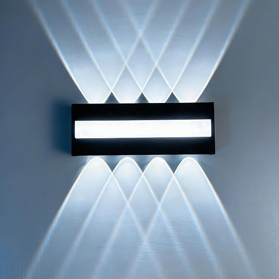 Outside Wall Lights - 6000K Cool White Lighting, IP65 Waterproof Modern Indoor Outdoor Black Wall Lamp, Up Down 8 Lamps Outside Lights, Outside Lights Mains Powered for Living Room, Porch, Gardens [Energy Class A]