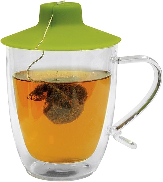 Primula Double Wall Glass Mug and Tea Bag Buddy Temperature Safe 16 oz. Clear Glass Mug 100% Food Grade Green Silicone Tea Bag Buddy Dishwasher and Microwave Safe Set