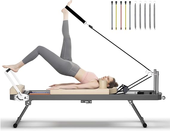 Pilates Reformer Machine, Foldable Pilates Reformer Machine Equipment for Home and Gym, with Dual Resistance, Springs and 5 Cords, Up to 330 lbs