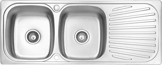JASSFERRY Stainless Steel Kitchen Sink 2 Basins Reversible Built-in Sink with Siphon Drain and Overflow Fitting 1180 x 480 mm