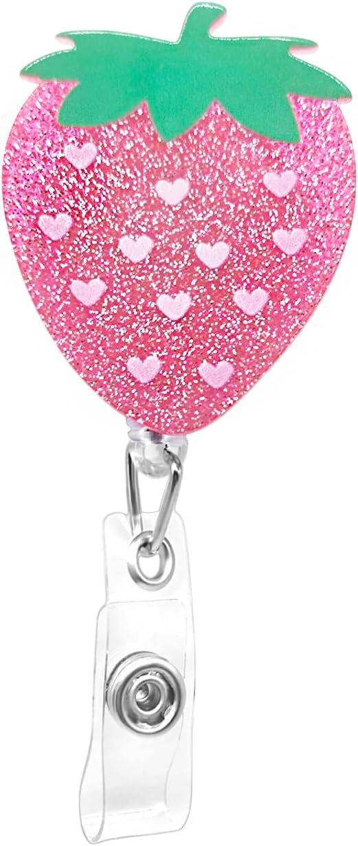 Pink Strawberry Badge Reel Holder Retractable Cute Badge Holder Clip Funny ID Clip for Women Nurses Offices