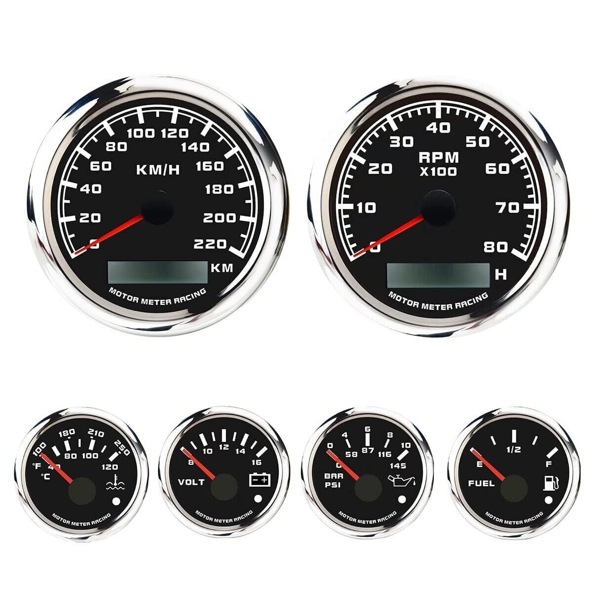 MOTOR METER RACING W PRO Electrical 6 Gauge Set - 85mm GPS Speedometer & Tachometer - 52mm Volt, Fuel Level, Water Temperature & Oil Pressure - For Car, Boat & Truck - Black Dial
