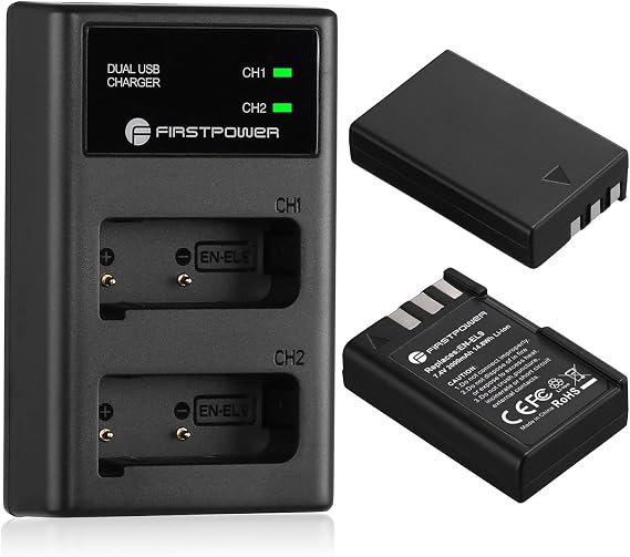 FirstPower EN-EL9 EN-EL9a Battery Charger Kit for Nikon D40 D60 D3000 D5000 | 2-Pack 2000mAh EN EL9a Battery and Dual USB Charger Compatible with Nikon D40, D40x, D60, D3000, D5000 Digital SLR Cameras