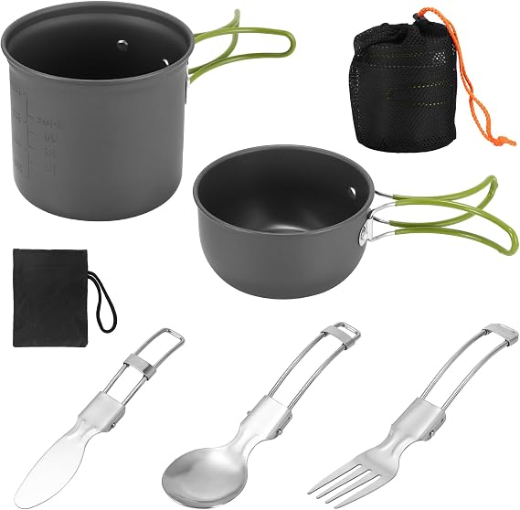 SS SUNSBELL Camping Cooking Set, Non-Stick Camping Pot and Pan Set, Portable Camping Cookware with Foldable Cutlery, 1-2 People Multifunctional Outdoor Cooking Equipment for Hiking, Picnicking