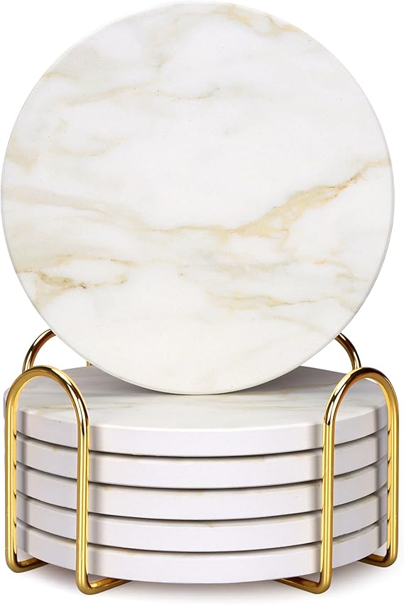 White Marble Style Ceramic Coasters Set of 6 with Holder Modern Coffee Table Decor Drink Coaster Gifts Absorbent Stone Coasters for Rustic Farmhouse Bar