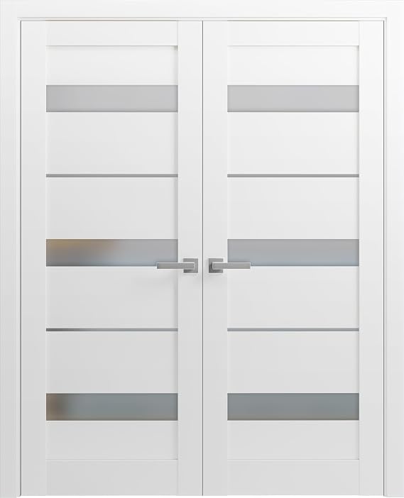 SARTODOORS Interior French Doors | Quadro 4055 White | Double Swing Doors | Frosted Glass Opaque Glass | Living Room Office