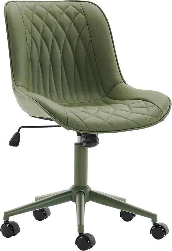 YOUNIKE Faux Leather Office Desk Chair Comfy Vanity Chair Armless Green | Ergonomic Upholstered Rocking Back, Swivel with Wheels, Height Adjustable, Modern Task Chair For Computer Sewing Drafting