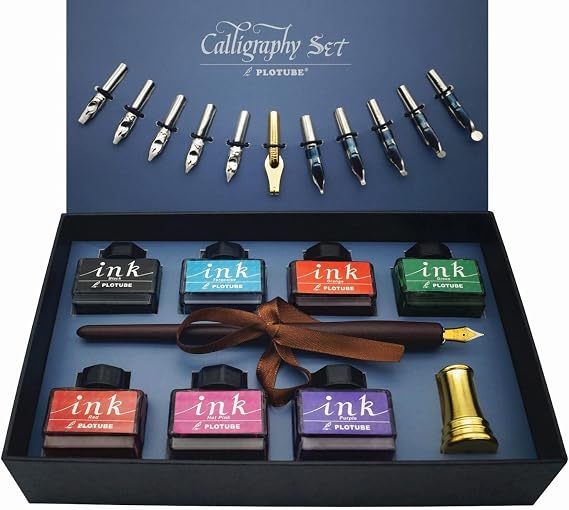 Calligraphy Pen Set, 22 pieces | Wood Dip Pen for Writing,7 Ink Bottles, 12 Nibs, Golden Pen Stand and Beginners' Introduction Booklet
