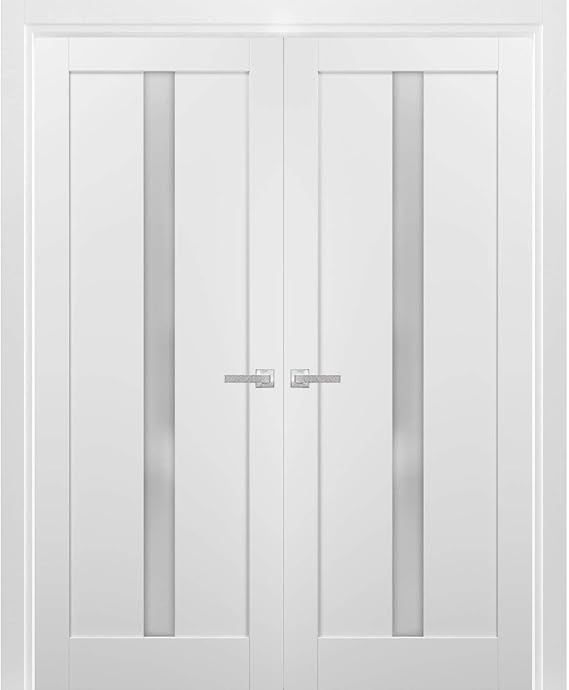 SARTODOORS Quadro 4112 | Double Swing Interior French Doors with Glass with Frosted Glass, MDF, Hardware Included, 36x80, White, Modern