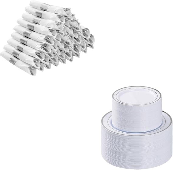 BESTVIP 300PCS Silver Plastic Plates and Silverware for 100 Guests, Pre Rolled Silver Plastic Silverware, Silver Plastic Plates for Party, Birthday