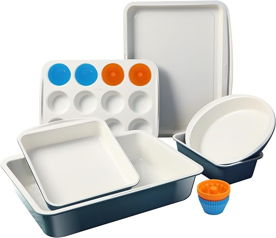 Ceramic Nonstick Baking Pans Set, Non Toxic 30 PCS Stackable Bakeware Sets, 550F Oven Safe Baking Sheet & Pans, Warp-Free, Dishwasher Safe, PTFE/PFOA/PFOS-Free (Blue)