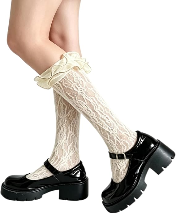 Benefeet Sox Women Lace Knee High Socks with Ruffle Fishnet Mesh Cute Socks