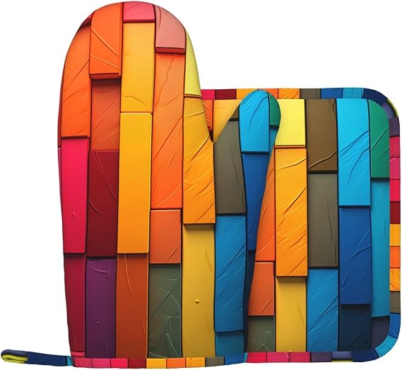 Colorful Board Oven Mitts and Pot Holders Set, 500F High Heat Resistant Silicone Kitchen Oven Glove and Potholder Non-Slip Cooking Gloves with Pan Racks for Baking Grilling