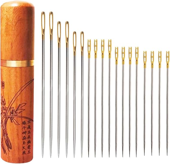Self-Threading Needles, Sewing Needles, Needle Threader with Needle case Carving Pattern, Threaded from the top, Golden, 18 Pack
