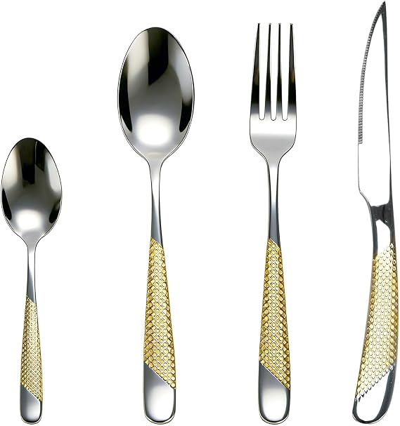24 Piece Gold Hammered Cutlery Set, Stainless Steel Flatware | Silverware Set for 6, Mirror Polished Dinner Knife Fork Spoon, Dishwasher Safe, Gold Ribbon Motif for Home Restaurant