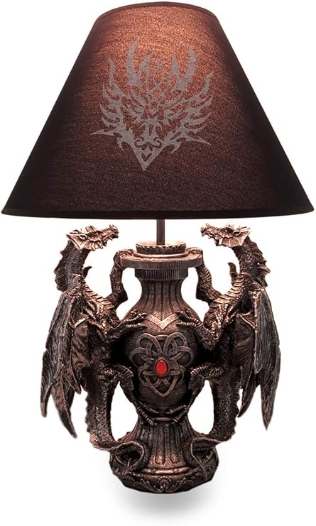 Zeckos Dragon Table Lamp, 19 Inch Gothic Guardians with Black Fabric Shade | Hand-Painted Resin Base, Red Cabochon Accent, Uses One Type a 40W Max Bulb, 12.75 Inches Wide