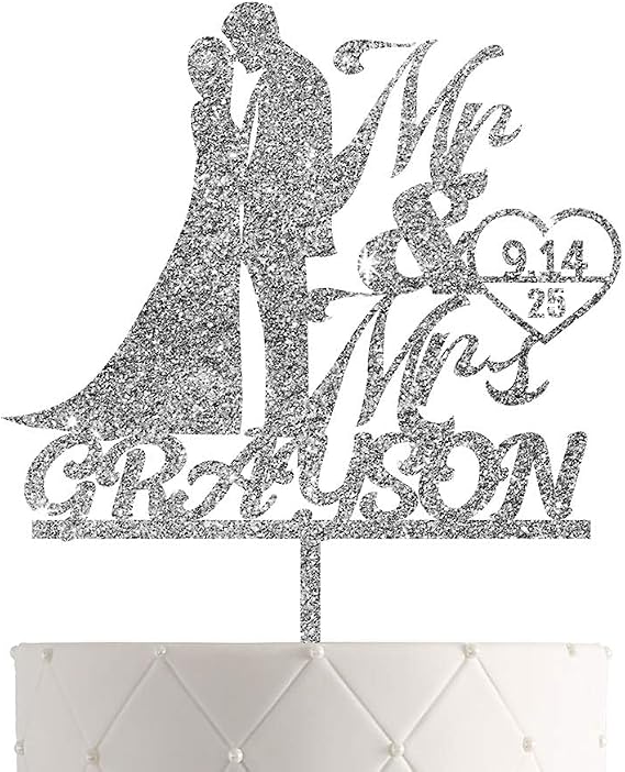 Personalized Wedding Cake Topper With Customized Bride and Groom Last Name or Marriage Date for Mr Mrs (Silver Glitter)