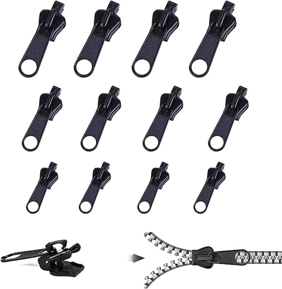 12Pcs Black Fix Zip Puller,Zip Slider Repair Instant Kit,Instant Zipper Set,Fix Zipper Removable Rescue Replacement Pack,for Sewing Clothes Jacket Repair Kit Luggage Sewing Notions and Supplies