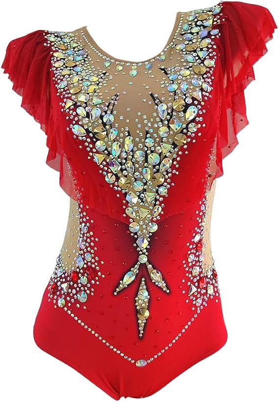 LIUHUO Red Rhythmic Gymnastics Leotards Sleeveless Shiny Diamond Competition Performance