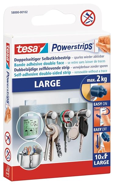 tesa Powerstrips Large, Self-Adhesive Strips - Double-Sided Strips Suitable for Flat and Smooth Surfaces - Holds Objects up to 2 kg - Pack of 10 Powerstrips