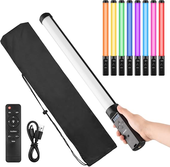 Portable RGB Tube Light LED Video Light Wand 3200K-5500K Dimmable 9 Colorful Light Effects Built-in Battery with Remote Control for Vlog Live Streaming Product Photography