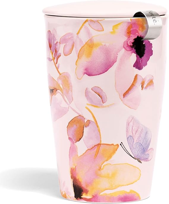 Tea Forte Kati Cup Mariposa, Ceramic Tea Infuser Cup with Infuser Basket and Lid for Steeping Loose Leaf Tea, 11935