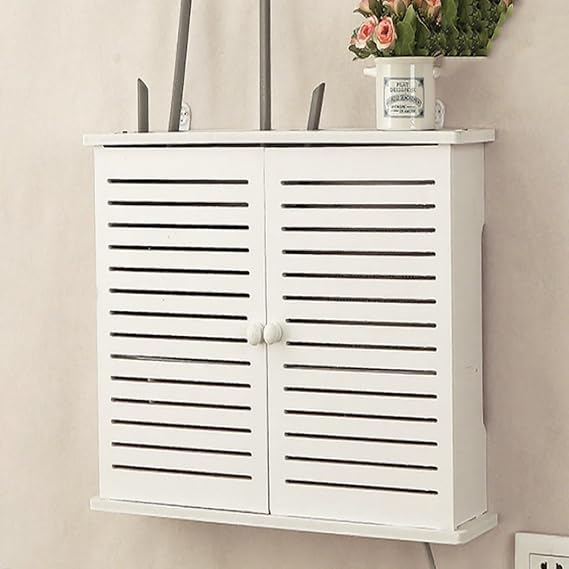 Wall Mounted WiFi Storage Box Hider,Router Shelter Box,Modem Cable Router Cover,Double-Deck Shelf,PVC Breathable Grid Organizer for Modem,for Home