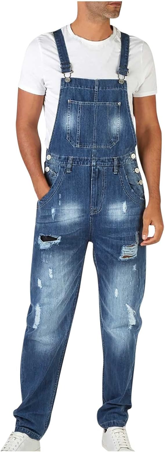 Ripped Denim Overalls for Men Bib Overall Regular Fit Work Pants with Adjustable Strap Slim Fit Denim Overalls