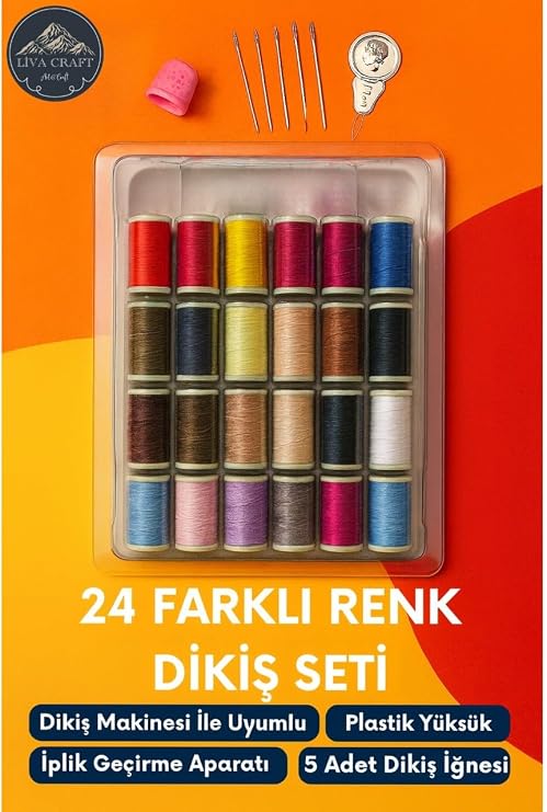 Dikiş Seti 24 Renkli – Iğne, Yüksük ve Iplik Geçirici ile