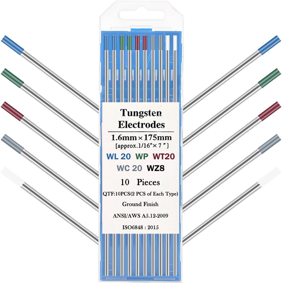 Welding Tungsten Electrode for TIG Welding 2 x Pure TungstenGreen 2 x 2% Cerium Grey 2 x Zirconium White 2 x 2% Lanthanum Blue 2 x 2% ThoriatedRed Mixed Electrode