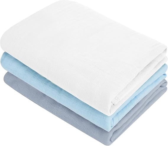 MIGIOL swaddles for Newborns Muslin Swaddle Blankets Baby Essentials for Newborn 47 X 47inches 3 Packs Receiving Blankets(White & Blue 3 Pieces)