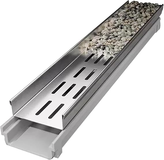 U-Shaped Channel Drainage Trench Pipe with Metal Grate for Outdoor Yard & Garden, Removable Cover, Commercial Floor Sewer, 100x14x6cm, Pebbles & Stones Fill