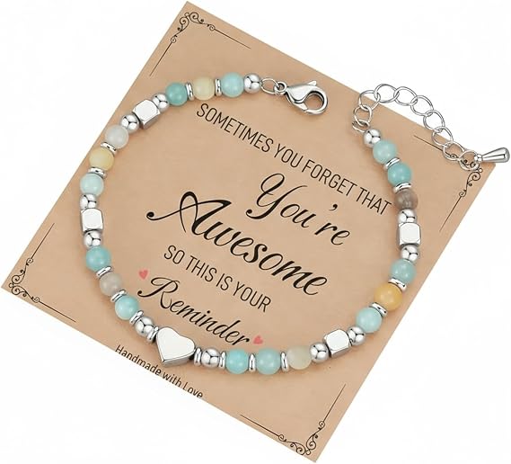 Heart Bracelet for Women, Beaded Bracelets, Natural Stone Healing Bracelet with Heart Charm, Inspirational Bracelets, Ideal for Self-Care Enthu, Birthday Valentines Christmas