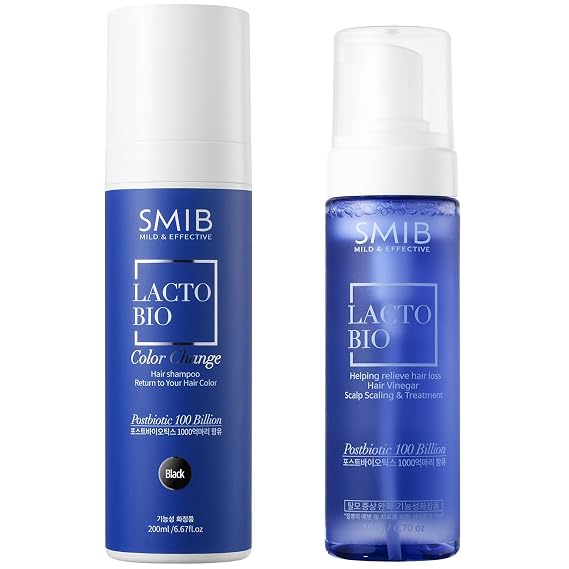 SMIB Natural Black Hair Dye Shampoo + Lactobio Scalp Vinegar Set Gradual Gray Coverage & Deep Scalp Detox, Korean Hair Care for Men & Women