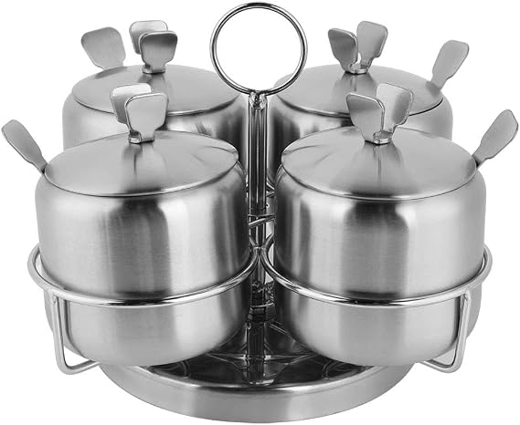 Stainless Steel Rotate Spice Jars Set, Four Seasoning Bottles with Spoons and Cover, Storage Containers for Salt and Spices, Dust proof Design, Scratch Resistant