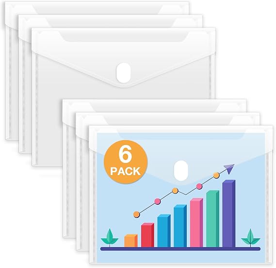 Sooez 6 Pack Plastic Envelopes File Folders, Rainforced Clear Folder Important Document Organizer, A4 Letter Size Bill Receipt Paper Holder Organizer