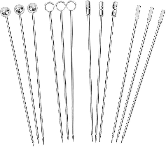 Cocktail Picks Reusable Stainless Steel Martini Picks Set Fruit Stick Toothpicks, Drink Skewers Fruit Garnish Swizzle Sticks for Olive Skewers, Cocktails, and Bloody Mary Set of 12