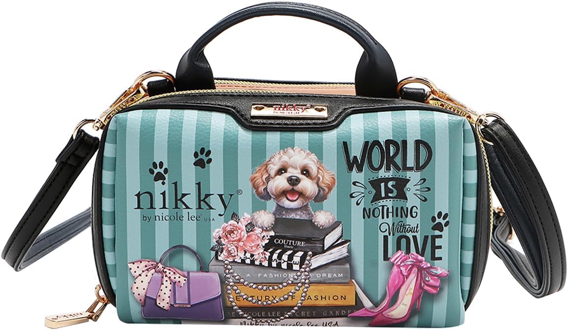 Nicole Lee Nikky Bag Mini Boston Double Zip Crossbody, Eco-Leather, Pebbled Texture, Double Compartment, Adjustable Strap