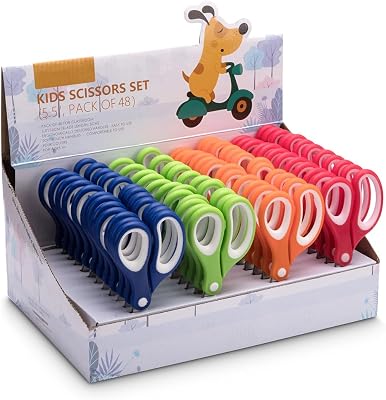 Kids Scissors 48 Count Teacher Pack, Rounded-tip, 5.5 Inch - 5.5 Soft Touch Blunt School Student Scissors Shears GD-071-48