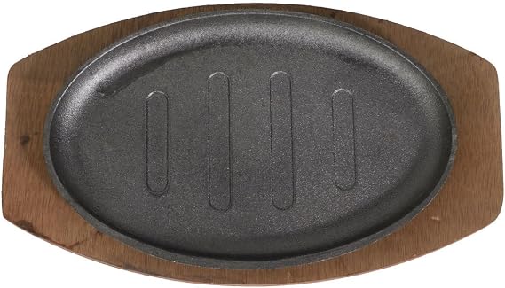 Yardwe Non-Stick Steak Frying Pan Teppanyaki Grill Pan 10.62 X 6.49 X 0.59 in Sizzling Plate with Wooden Tray for Home Kitchen Outdoor Barbecue Even Heat Distribution