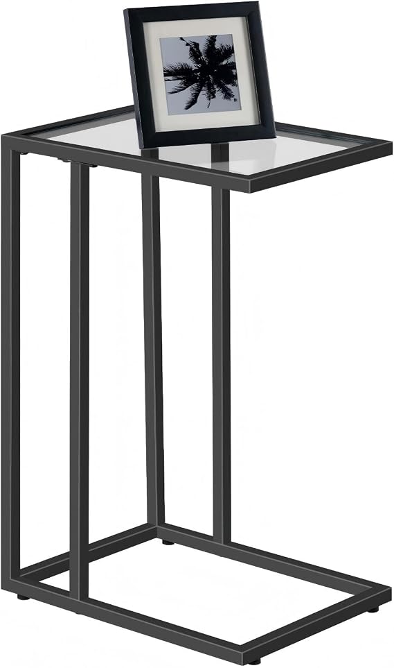 HOOBRO C Shaped End Table, Glass Side Table with Metal Frame | Black Coffee Table for Small Space, Modern Style, for Living Room, Black BK03SF01